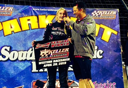 KIngs of Thunder Series at Keller Speedway features big wins by drivers Macedo and Holland Brooklyn Holland is interviewed after her victory Saturday night.
